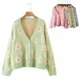 thumbnail image 4 of Suéter tipo cárdigan de jacquard con margaritas frescas y dulces de estilo coreano para mujer, abrigo de punto con cuello en V de lana a la moda para otoño e invierno, 4 of 5