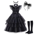 thumbnail image 5 of Disfraz de Halloween para niños y niñas, disfraz elegante de Merlina Adams, vestido tutú de capas góticas con cinturón, Cosplay de fiesta de cumpleaños elegante, 5 of 5