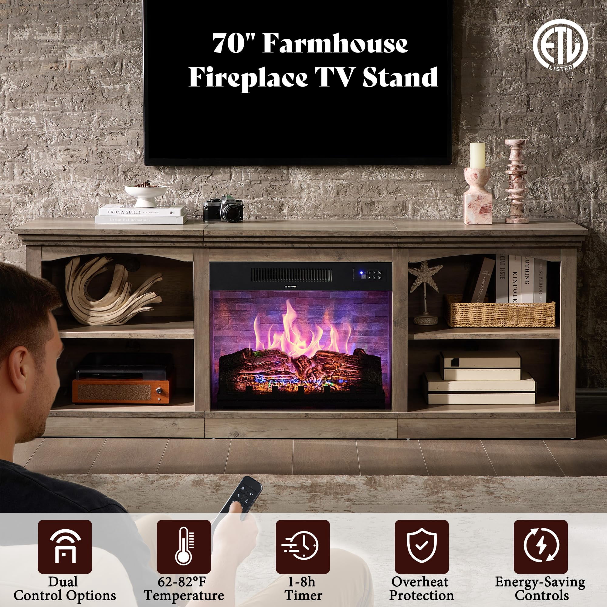 Merluxy 70" Fireplace TV Stand for TVs up to 80", Farmhouse Entertainment Center with 23" Electric Fireplace, Rustic Grey