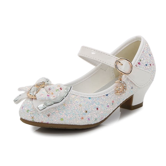 Zapatos de tacón alto de cuero para niñas de otoño, zapatos de lentejuelas con lazo, zapatos de baile decorativos para niños