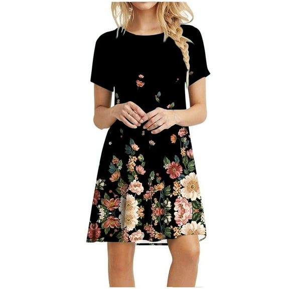 USSUMA Summer Dresses for Women 2022, Women's Short-Sleeve Scoop Neck Swing Dress Casual Floral Printed Simple T-Shirt Dresses 2022 Summer Tunic Sun Dress
