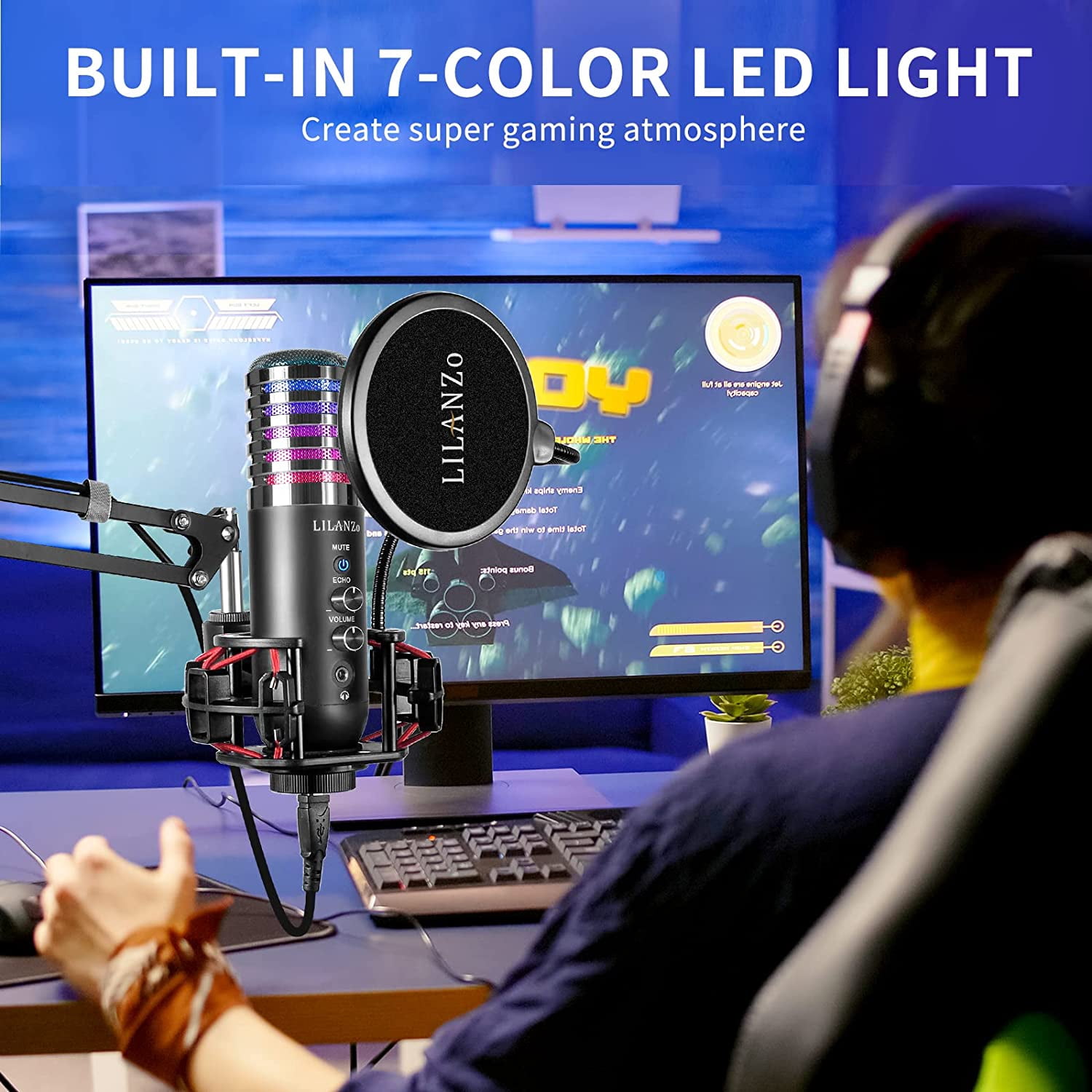 USB Condenser Microphone with  Arm Stand for PC PS4 PS5 Streaming Gaming Podcasting RGB LED Lights