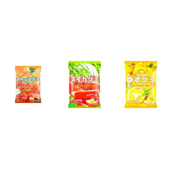 3 Pack Kasugai Gummy Candies, Made in Japan, Gluten Free, Mix 3 Flavor (Assortment,Watermelon,Yuzu) Plus NineChef Brand Long Handle Coffee Spoon
