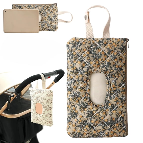Quilted Baby Wipe Holder Floral Diaper and Wipes Pouch Portable Hanging Quilted Wipes Bag with Lanyard, Reusable Travel Wipe Case for Stroller, Car (Green)