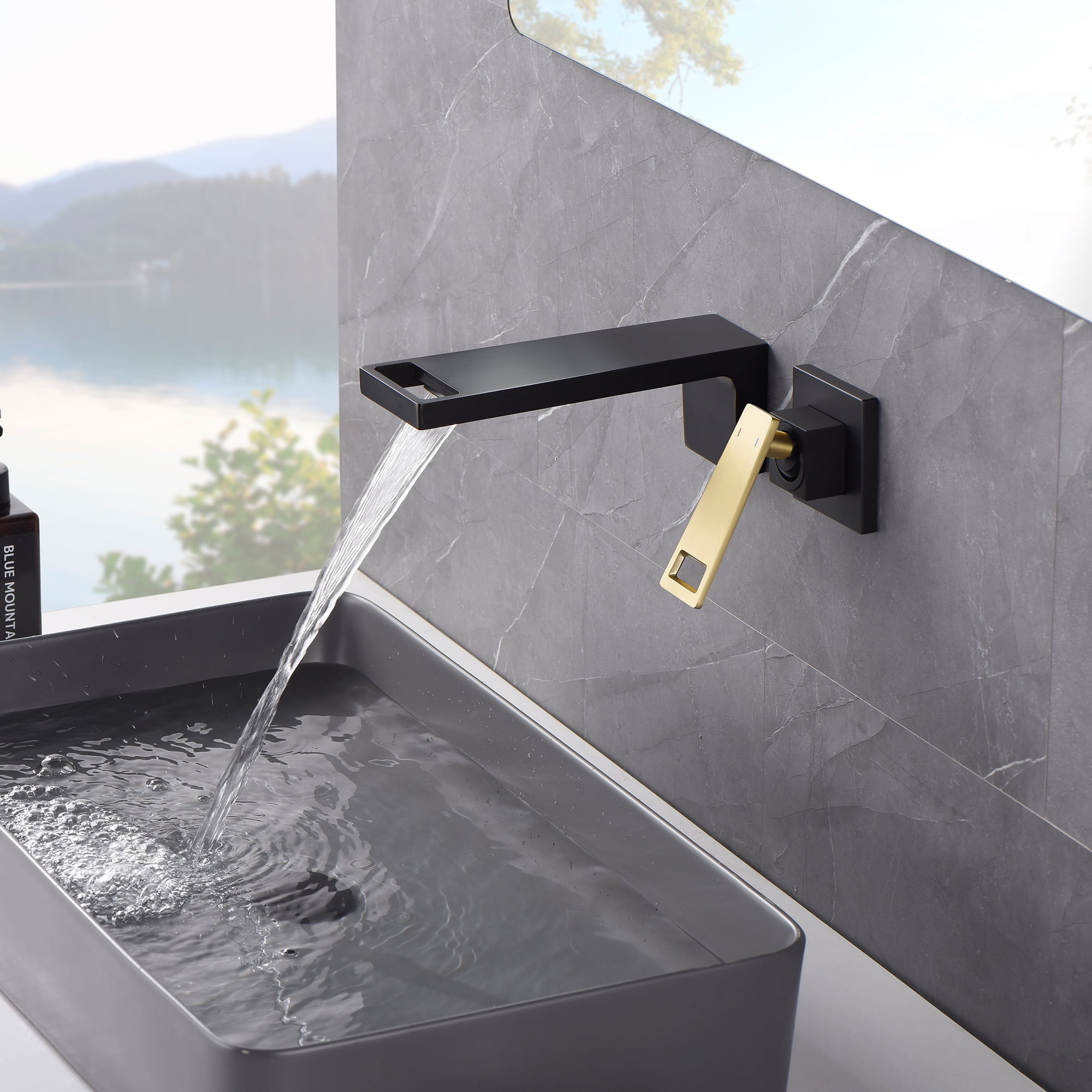 SUMERAIN Wall Mount Bathroom Faucet Single Handle Vessel Sink Faucet with Brass Rough-in Valve, Black and Gold