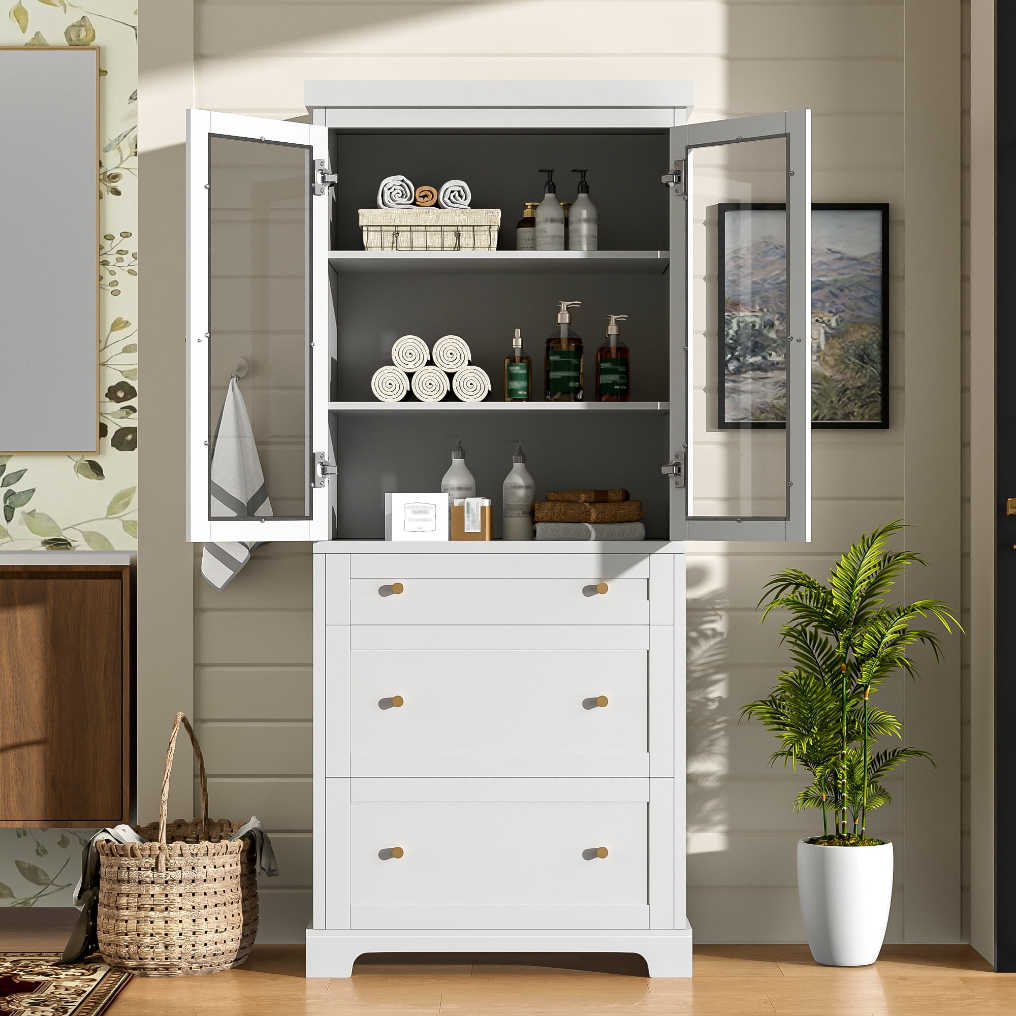 Euroco 70.1" Modern High Freestanding Tall Bathroom Cabinet with 2 Adjustable Shelves, 3 Drawers, Soft Close Glass Doors – Ideal for Bathroom, Living Room, Kitchen Storage