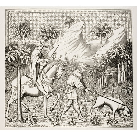 Nobleman In Hunting Costume With His Servant And Dog From 14Th Century Miniature From Des Deduitz De La Chasse Des Bestes Sauvaiges By Gaston Phoebus