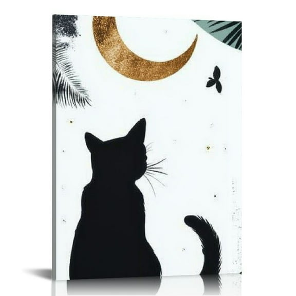 FCXZI Canvas Wall Art, Black Cat with Abstract Moon and Green Leaves Canvas Art Wall Decor, Modern Abstract Decor for Living Room Bedroom Bathroom Ready to Hanging Canvas painting 12x16in