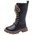 thumbnail image 2 of Girls Leather Riding Knee High Boots with Side Zipper Fashion Round Toe Comfortable Low Heel Lace Up Combat Boots Lug Sole Motorcycle Boots Little Kid/Big Kid, 2 of 8