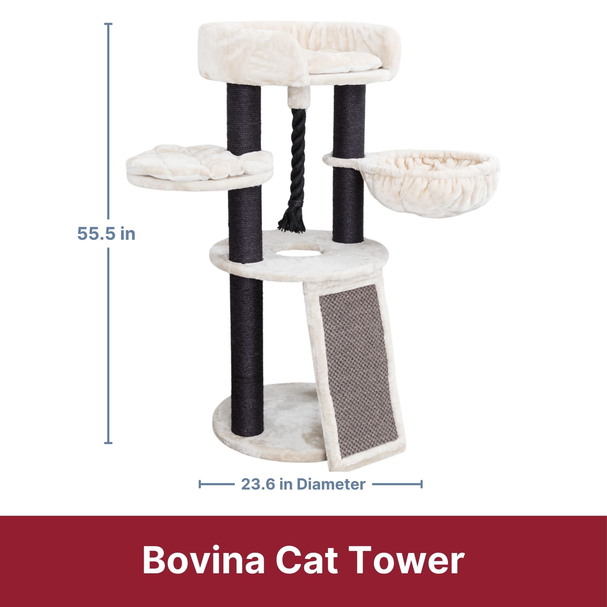 TRIXIE Bovina Plush & Sisal 3-Level 55.5" Cat Tree, Scratching Posts & Hammock, Black