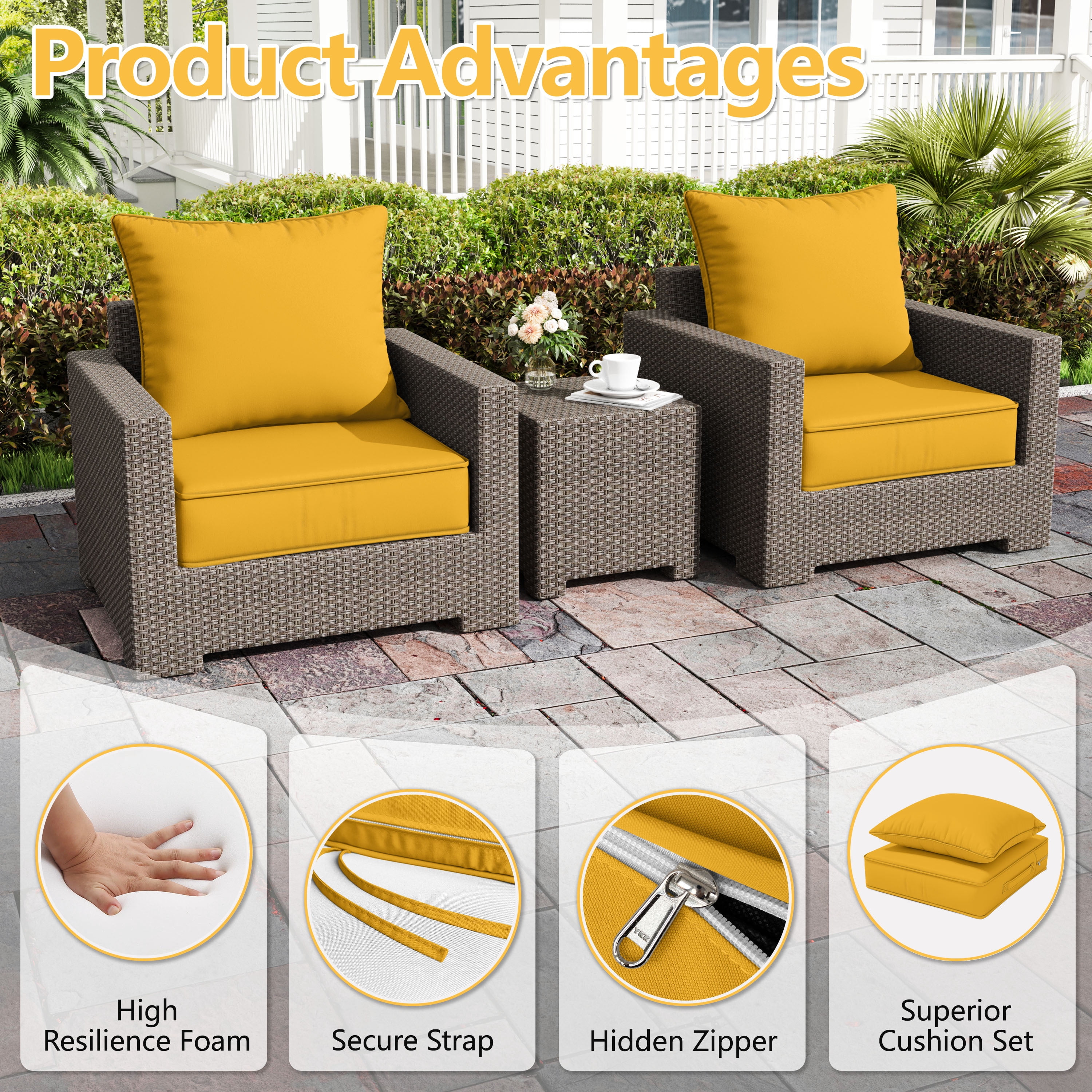 Pakunoda Patio Cushions for Outdoor Furniture 24” X 24” X 5”, Water Resistant Outdoor Deep Seat Cushions, Fade Resistant Replacement Cushions for Outdoor Furniture, Yellow