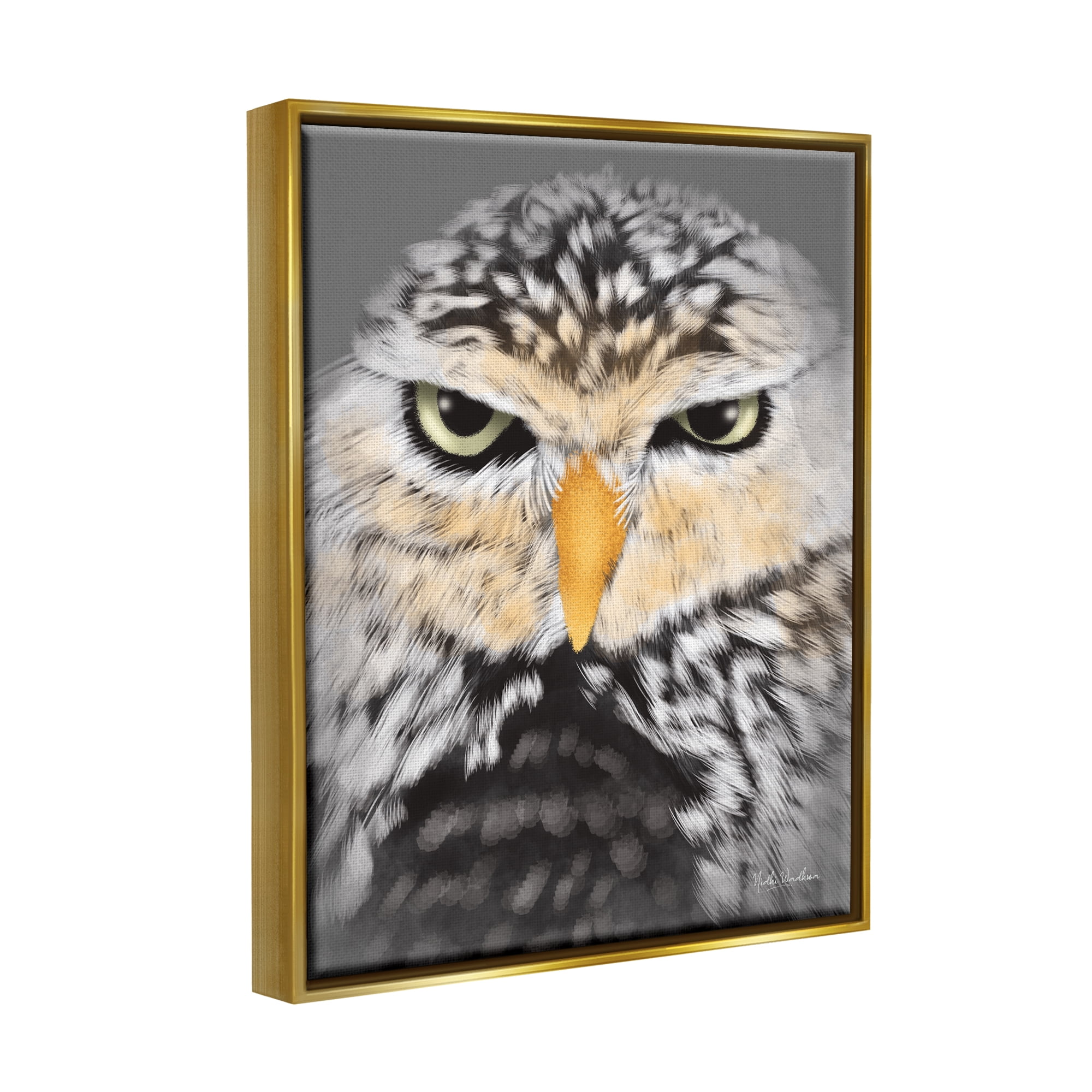 Stupell Industries Owl Wildlife Portrait Animals & Insects Painting Gold Floater Framed Art Print Wall Art, 17 x 21