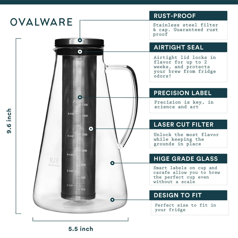 RJ3 6 Cup Ovalware Airtight Cold Brew Iced Coffee Maker 1.5L + Ice