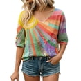 thumbnail image 4 of DHFJKG Tshirts Shirts For Women Boho Top Rainbow Print 3/4 Sleeve V Neck Loose Fit Graphic Tees Retro Bohemian Stylish Tops, 4 of 6