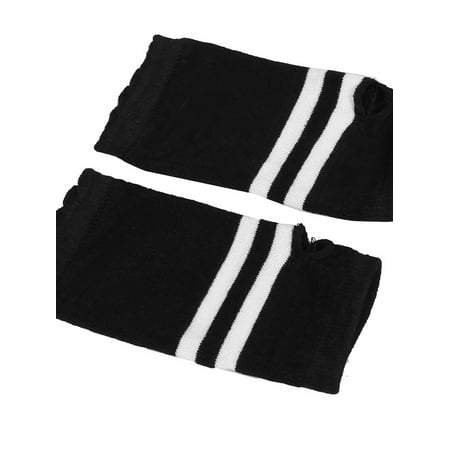 Black Elastic Glove - Women Black White Stripes Pattern Elastic Cuff Fingerless Gloves Pair