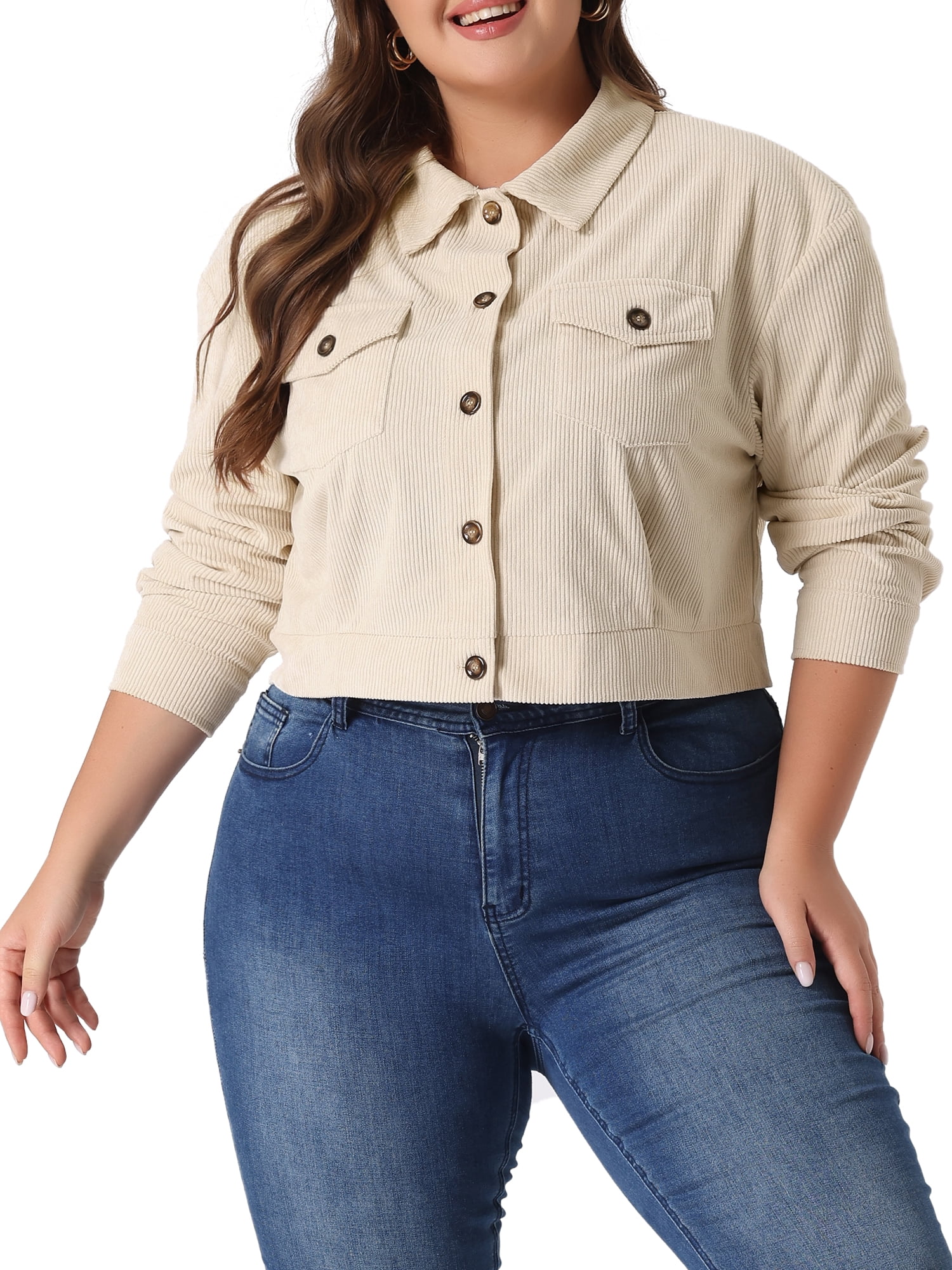 DARING DIVA Women's Plus Size Button Down Long Sleeve Shacket Jacket 2X Apricot