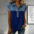 thumbnail image 4 of Ygbgbb Short Sleeve Shirts for Women Half Button Collared Pullover Blouses Color Block Patchwork Tops Summer Casual Shirts for Daily & Vacation Wear Blue L, 4 of 5