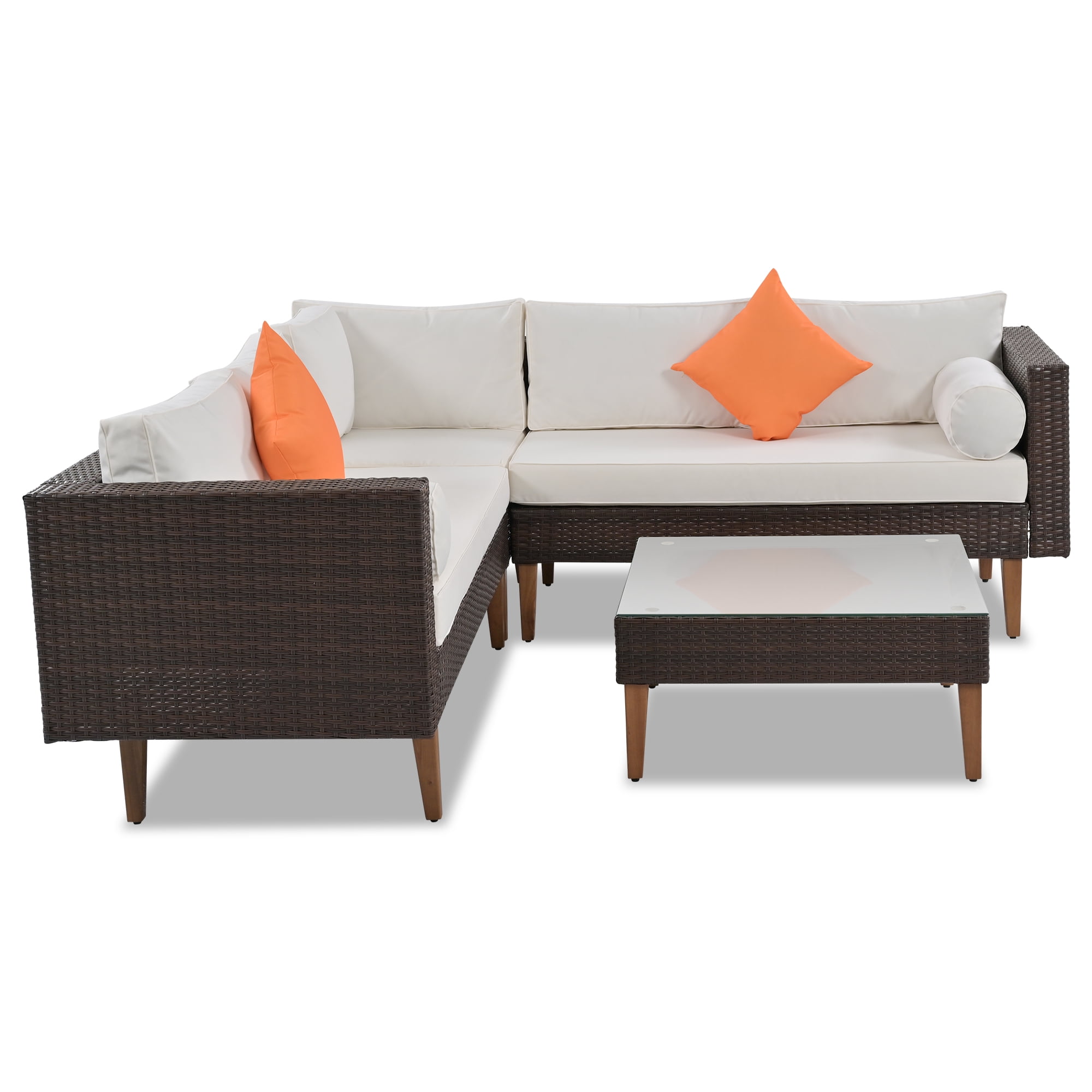 4-Pieces Outdoor Wicker Sofa Set with Coffee Table, L-Shape Patio Furniture with Colorful Pillows, White Cushions and Brown Rattan, Weather-Resistant for Garden, Balcony, Backyard