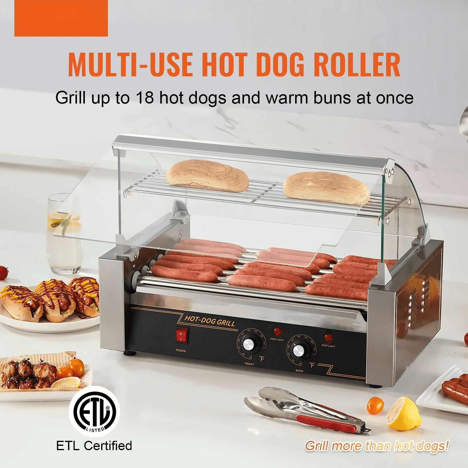 Hot Dog Roller 7 Rollers 18 Capacity 1050W Stainless Steel Sausage Grill Cooker Machine with Dual Temp Control & Bun Warmer