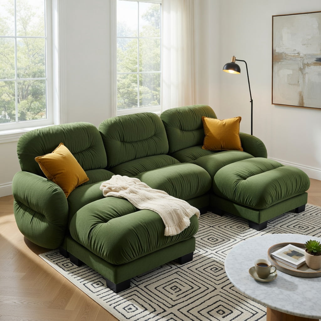 Hommoo Chenille U-Shaped Modular Sectional Sofa with Ergonomic Foam, Curved Armrests, 2 Ottomans & 2 Throw Pillows, 3-Seat Pleated Design, Green
