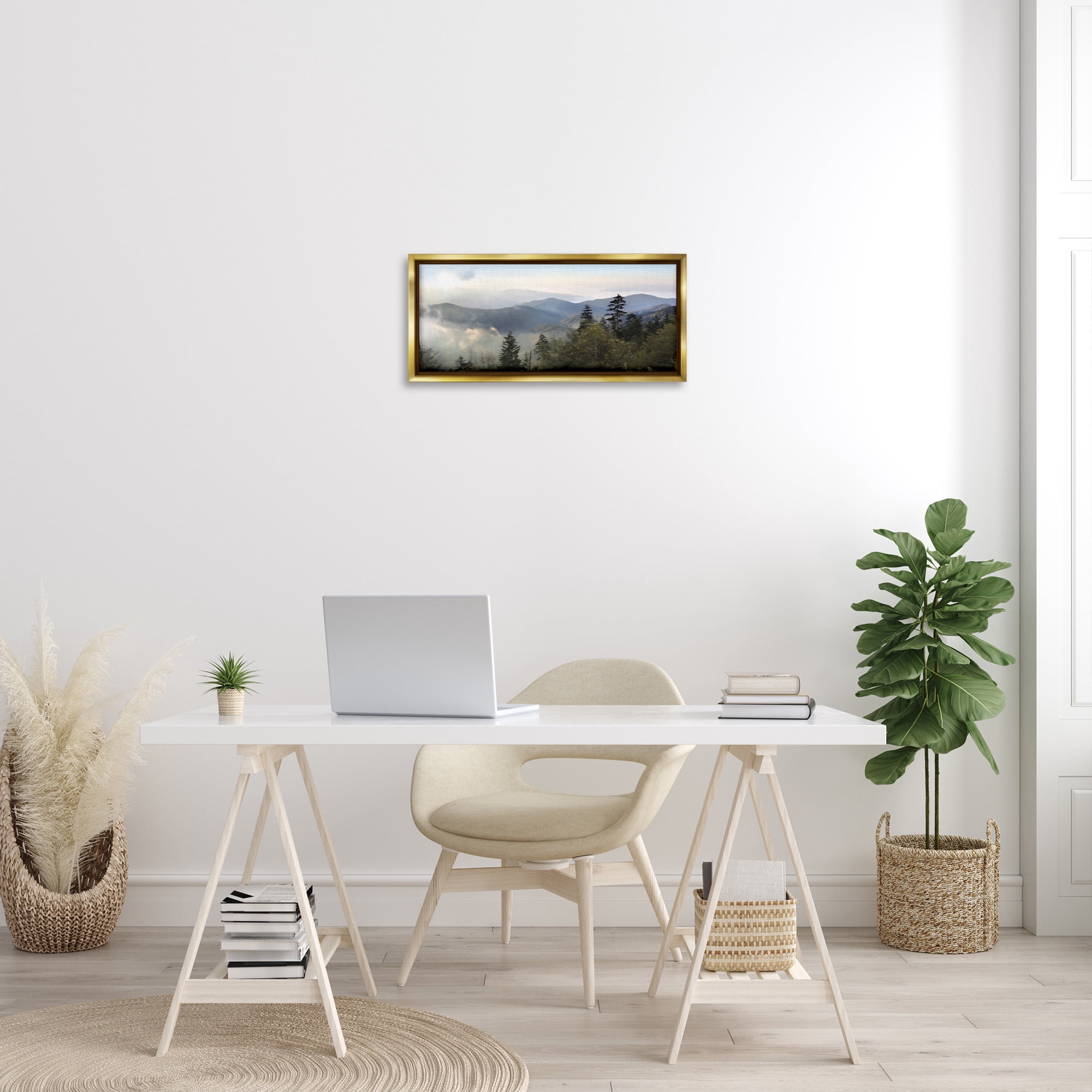 Stupell Industries Panoramic Cloudy Mountainous Nature Landscape Photography Gold Floater Framed Canvas Art Print Wall Art, 25 x 11