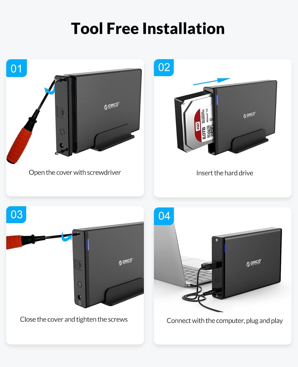ORICO 3.5" Hard Drive Enclosure Aluminum 5Gbps USB C 3.1 to SATA HDD Enclosure 16 tb External Laptop Hard Drive Enclosure