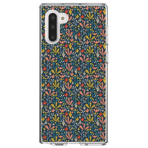 DistinctInk Clear Shockproof Hybrid Case for Samsung Galaxy Note 10 (6.3" Screen) - TPU Bumper, Acrylic Back, Tempered Glass Screen Protector - Modern Floral - Navy Yellow Teal