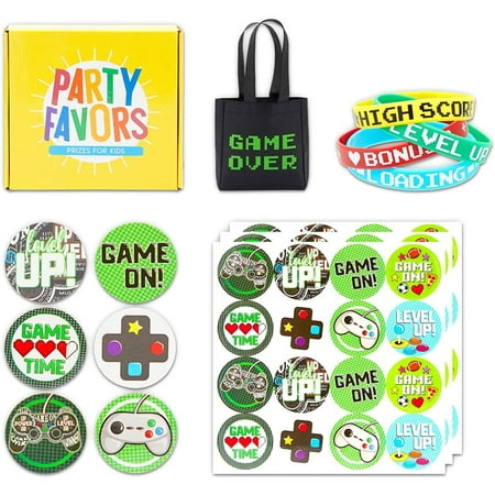 60 Pcs Video Game Party Favors for Kids Gaming Gamer Birthday, Tote Bags, Bracelets, Stickers & Button Pins