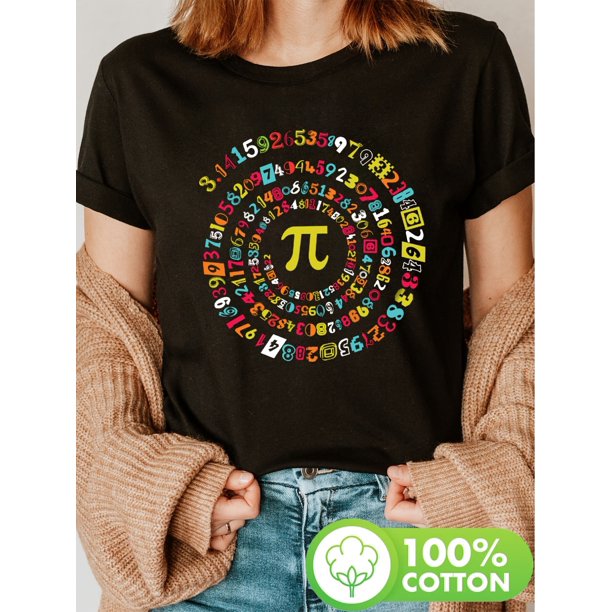 Women's Pi Day Spiral Math Graphic T-Shirt - Soft 100% Short Sleeve Crew Neck Casual Top, Black with Colorful Number Design, Perfect for Spring & Summer