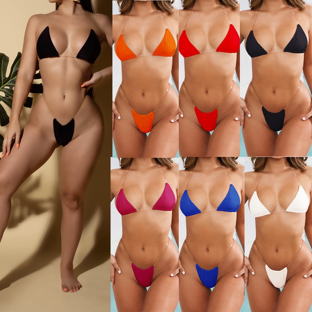 Douhoow Summer Women Bikini Set Transparent Shoulder Strap Swimsuits Solid  Color Swimwear
