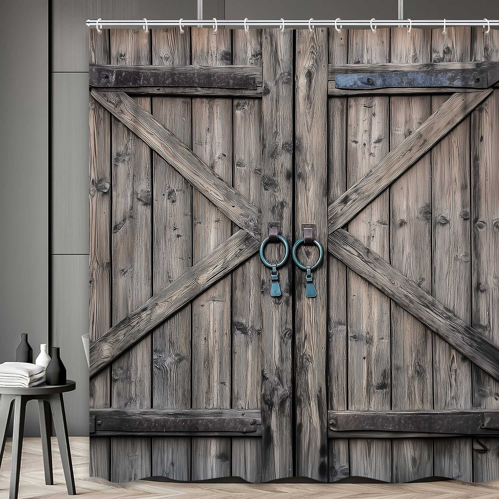 Grey Barn Door Shower Curtain, Farmhouse Vintage Countryside Wood Board Bathroom Decor Curtains, Countryside Village Rural Rustic Waterproof Fabric Bath Curtains with Hooks, 72X72in
