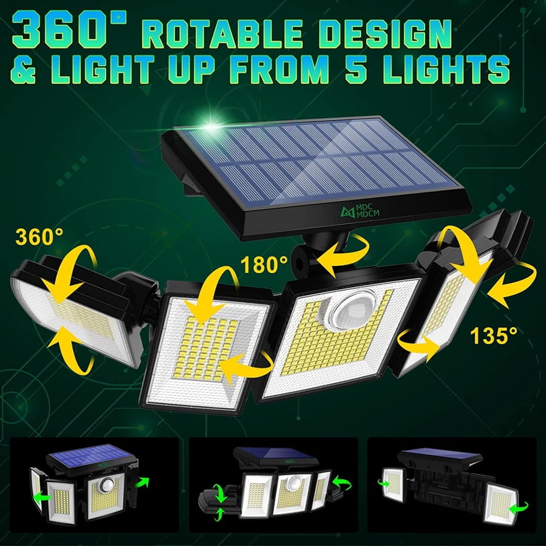 Super Bright Solar Flood Lights With Motion Sensor – 416 LED, 5 Heads, 3000 Lumens, IP65 Waterproof
