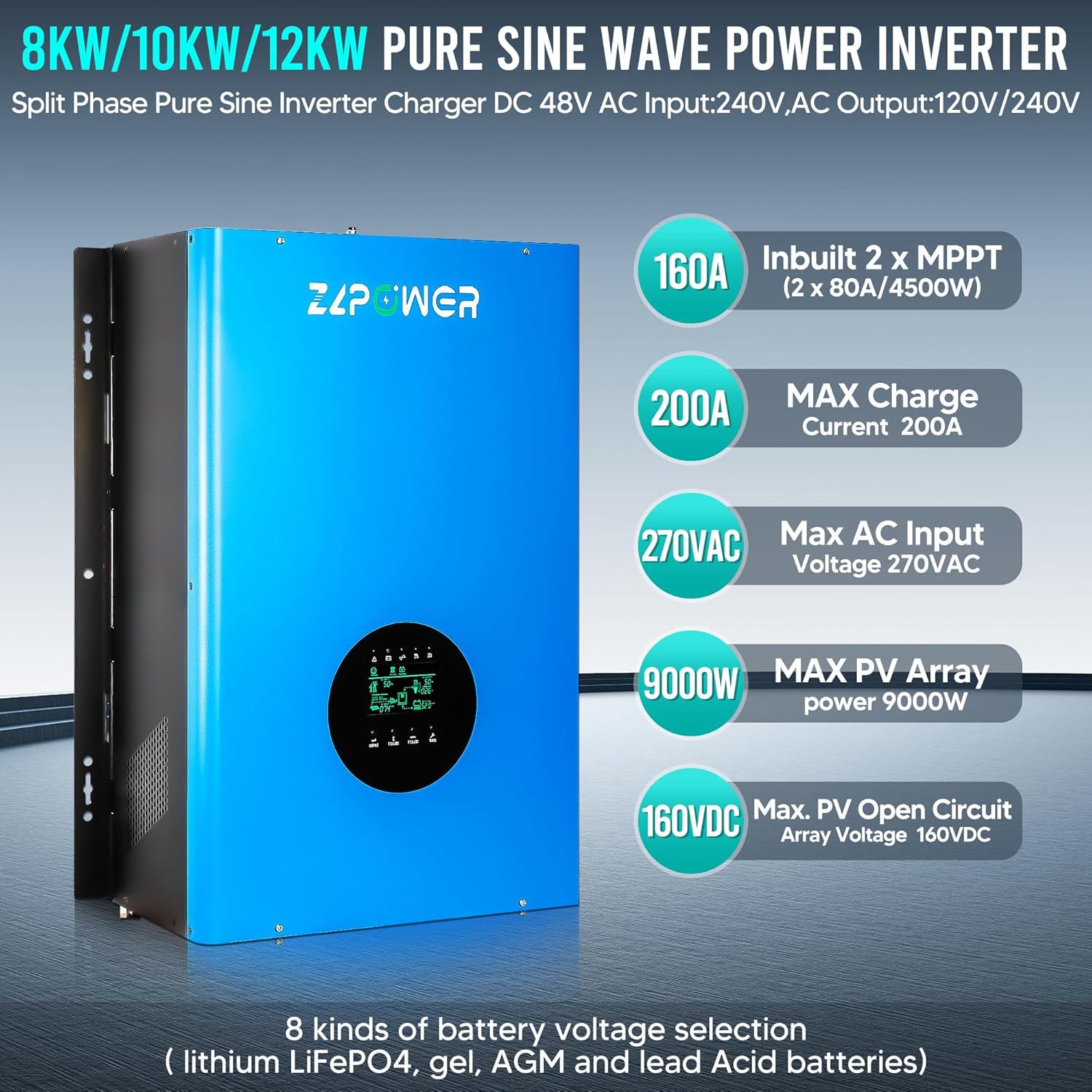10KW Solar Hybrid Inverter Off Grid 110/220Vac Low Frequency DC 48V AC Input 240V AC Output 120V/240V Split Phase Pure Sine Wave Power Converter with 2x80A MPPT Charger Controller 10000W