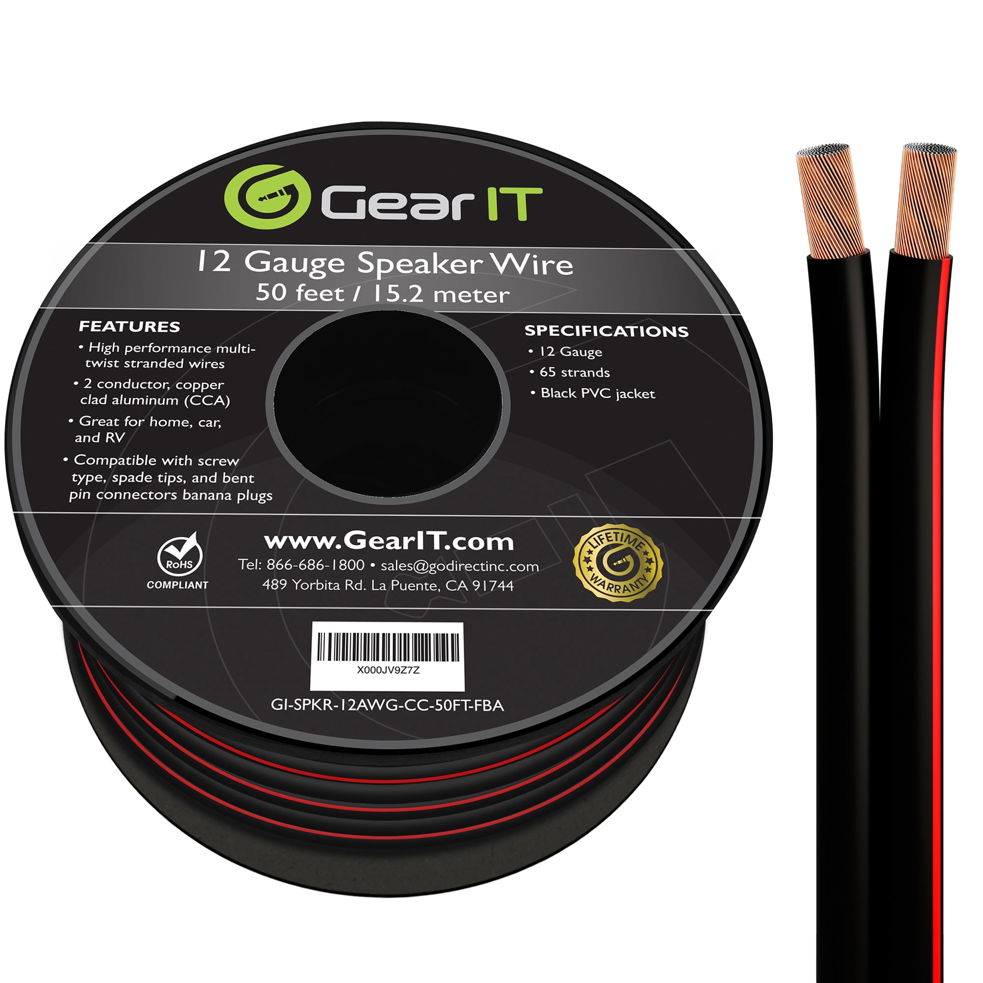 GearIT Pro Series 12 Gauge Speaker Wire, Copper Clad Aluminum CCA Audio Cable, Black, 50ft