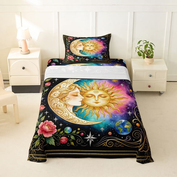 Homewish Boho Sun Moon Twin Sheets,Pink Purple Teal Gradient Galaxy Bedding,3 Pieces,1 Fitted Sheet and 1 Pillowcase