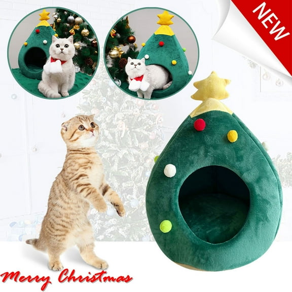 18.90x15.75x15.75 Inch Christmas Tree Shaped Pet Bed with Half Closed Design - Warm Soft Winter House for Small Animals and Pets