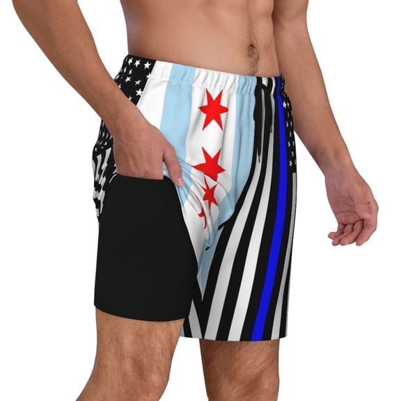 Mens Swim Trunks Us Thin Blue Line Flag Of Chicago Quick Dry Board Shorts with Compression Liner