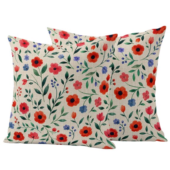 Watercolor Floral Outdoor Waterproof Pillow Covers, Spring Red Poppy Flower Botanical Beige Decorative Square Throw Pillowcase Sofa Cushion Sham for Patio/Couch/Chair, 18"x18" 2 Pack