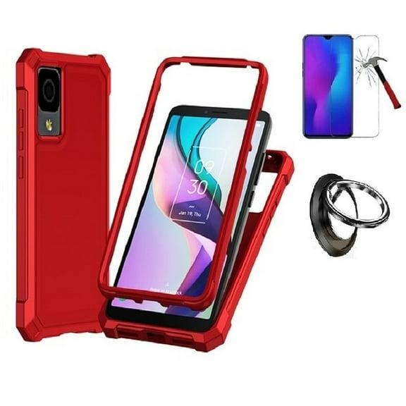 Compatible Case for Straight Talk TCL 30 Z/TracFone TCL 30Z, Hybrid Hard Cover Case    Ring/ Tempered Glass (Red)