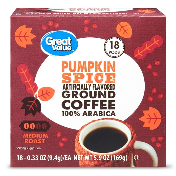Great Value 100 Arabica Ground Coffee Pods, Pumpkin Spice, 18 Count