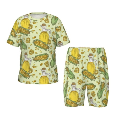 Luyuia Corn And Corn Oil Print Girls  2-Piece Tie-Dye Pajama Set  Cute Summer Loungewear with Shirt and Tank Shorts Nightwear-Medium