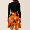 thumbnail image 7 of Women's Halloween Dress Pumpkin Printed V-Neck Cute Tea Length Dress Candy 1950s Long Sleeve Horror Dresses with Belt L, 7 of 7