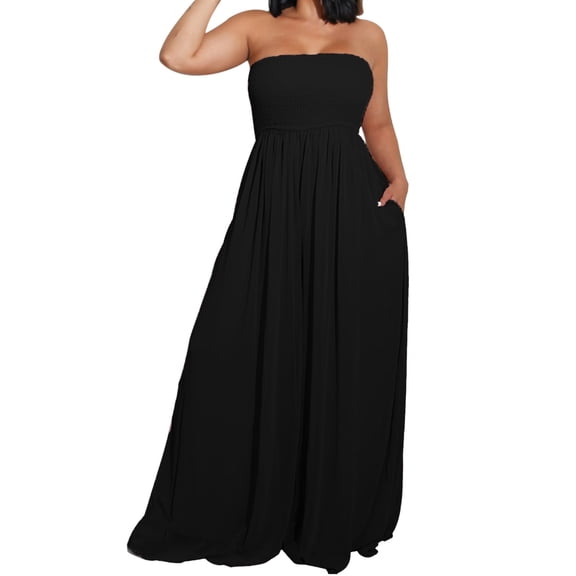 Kureaily Women's Summer Casual Smocked Wide Leg Jumpsuit Romper Sleeveless Tube Neck Loose Lounge Trouser