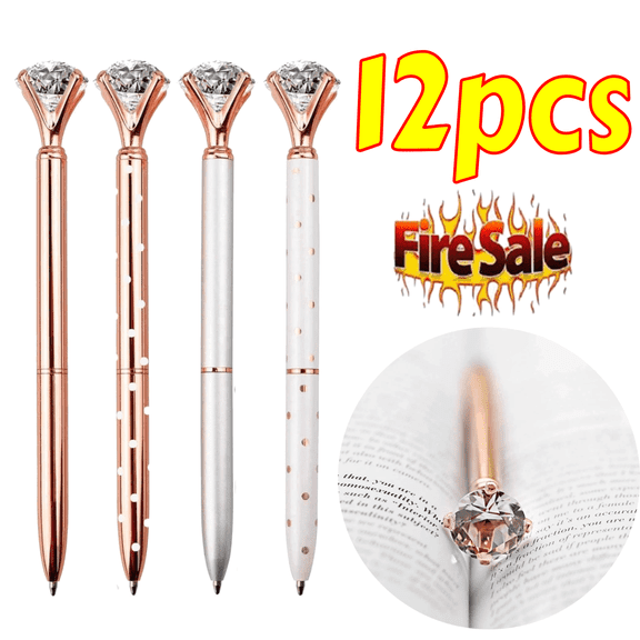 Set of 12 Elegant Crystal Ballpoint Pens, Diamond-Like Top Decorative Pens for Office, Bridal Events & Gifting