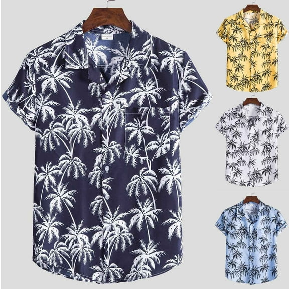 Jinhomg Men's Holiday Beach Shirts 2025 Fashion Tropical Palm Tree Print Hawaiian Shirt Lightweight Comfy Button Down Lapel Collar Summer Vacation Shirts Sales Today Clearance Men Blue XXL