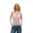 thumbnail image 1 of Camiseta de manga larga transparente para mujer, cuello alto, estampado de corazón, corte ajustado, estilo casual y urbano., 1 of 7