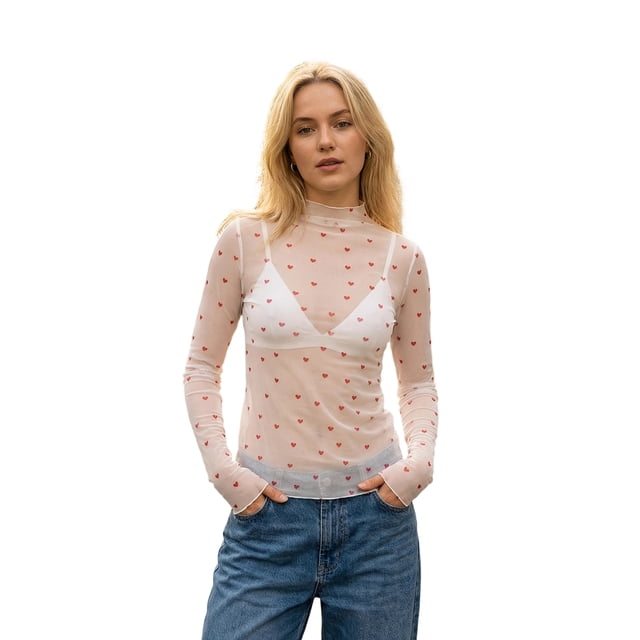 Camiseta de manga larga transparente para mujer, cuello alto, estampado de corazón, corte ajustado, estilo casual y urbano.