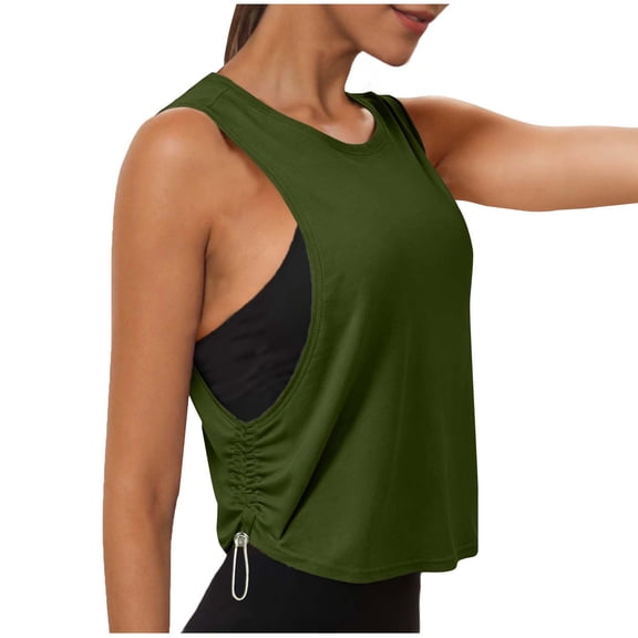Women's Crop Tank Tops Lightweight Workout Sleeveless Shirts Loose Fit Gym Yoga Top with Side Ruched Elastic Buckle
