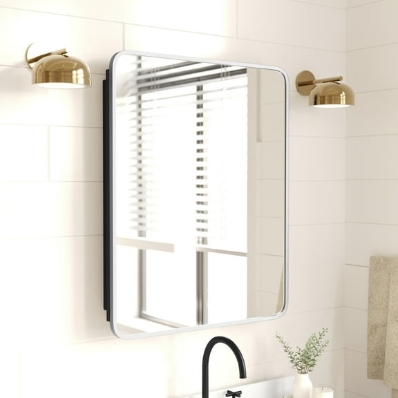 Merrick Lane 24" x 30" Reversible Bathroom Wall Medicine Cabinet with Rounded Rectangular Beveled Mirror and Silver Metal Frame and Shelves
