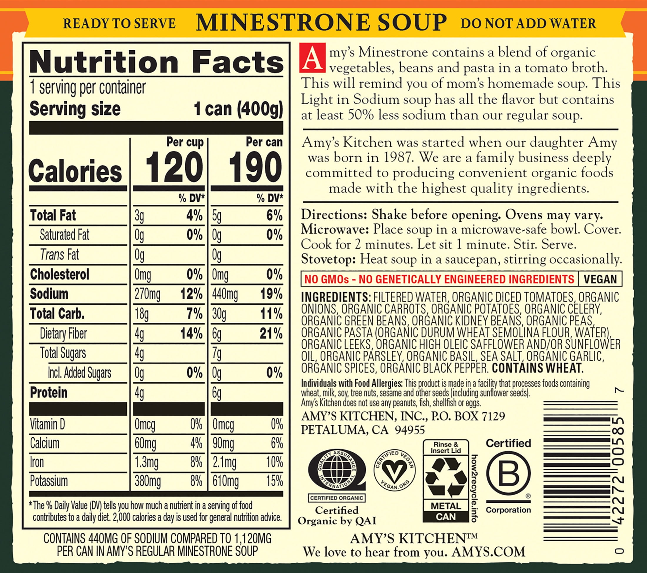 (6 pack) Amy’s Soup, Organic Light in Sodium Minestrone Soup, Made With Organic Vegetables, Canned Soup, 14.1 Oz